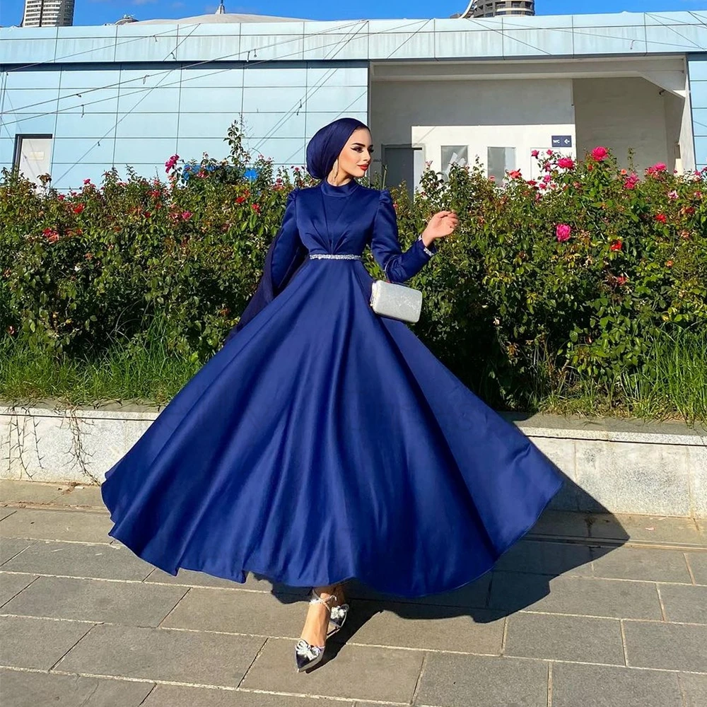 Customized Blue Muslin Evening Dresses Full Sleeve Ankle Length Prom Gowns with Belt 2024 Summer New Summer Robe De Soirée 2025