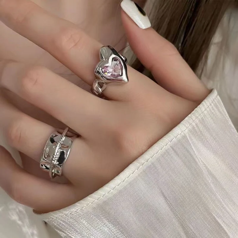 2 pieces of Y2K pink heart-shaped ring set irregular with pink imitation crystal heart-shaped adjustable ring for women's jewelr