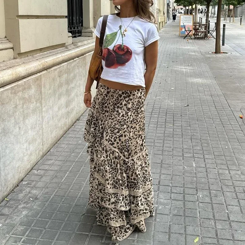 Trendix Leopard Print Maxi Skirt Femme Fashion Patchwork Ruffle High Waist Long Skirts Street Casual Party Modne spódnice damskie