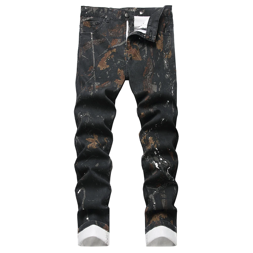 

Men Slim Print Jeans Fashion Black Stretch Denim Pants Casual Jungle Camouflage Painted Trousers