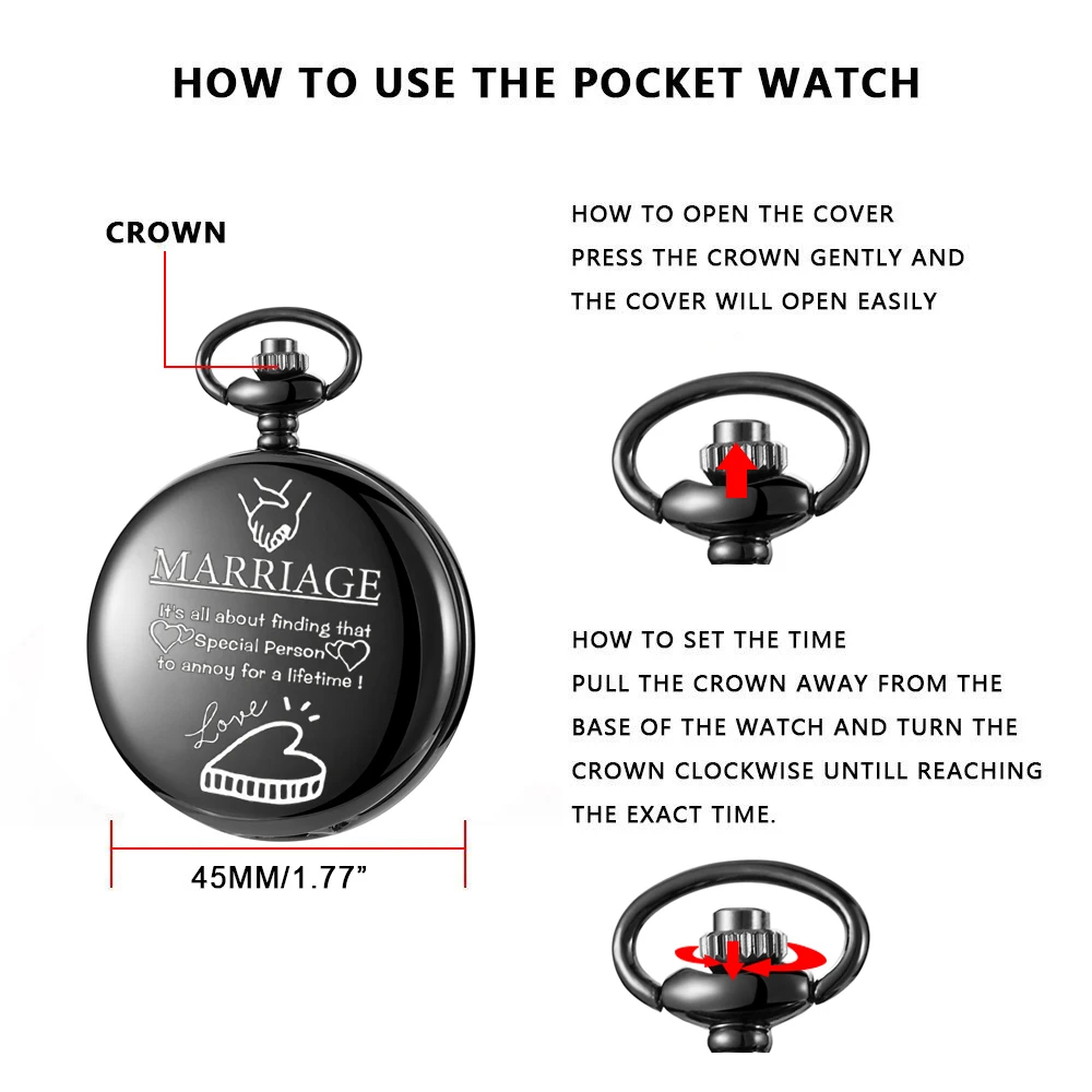 MARRIAGE carving english alphabet face pocket watch a belt chain Black quartz watch birthday gifts for lover