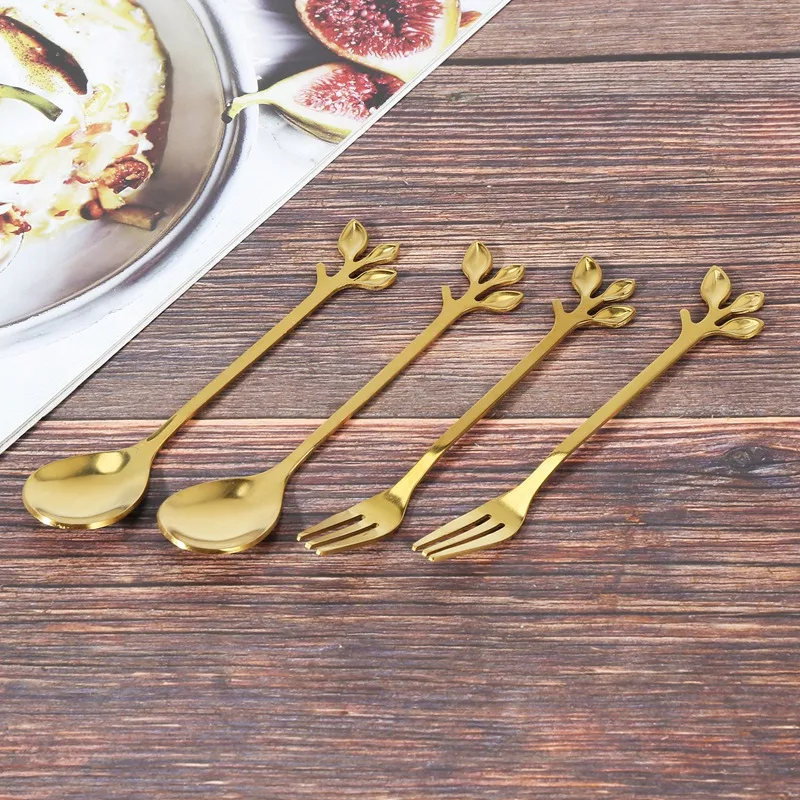 Tableware Gold Leaf Coffee Spoon Fork,4 Pack(2 Spoons 2 Forks) Little Demitasse Espresso Spoon And Appetizer Dessert Forks Set,4