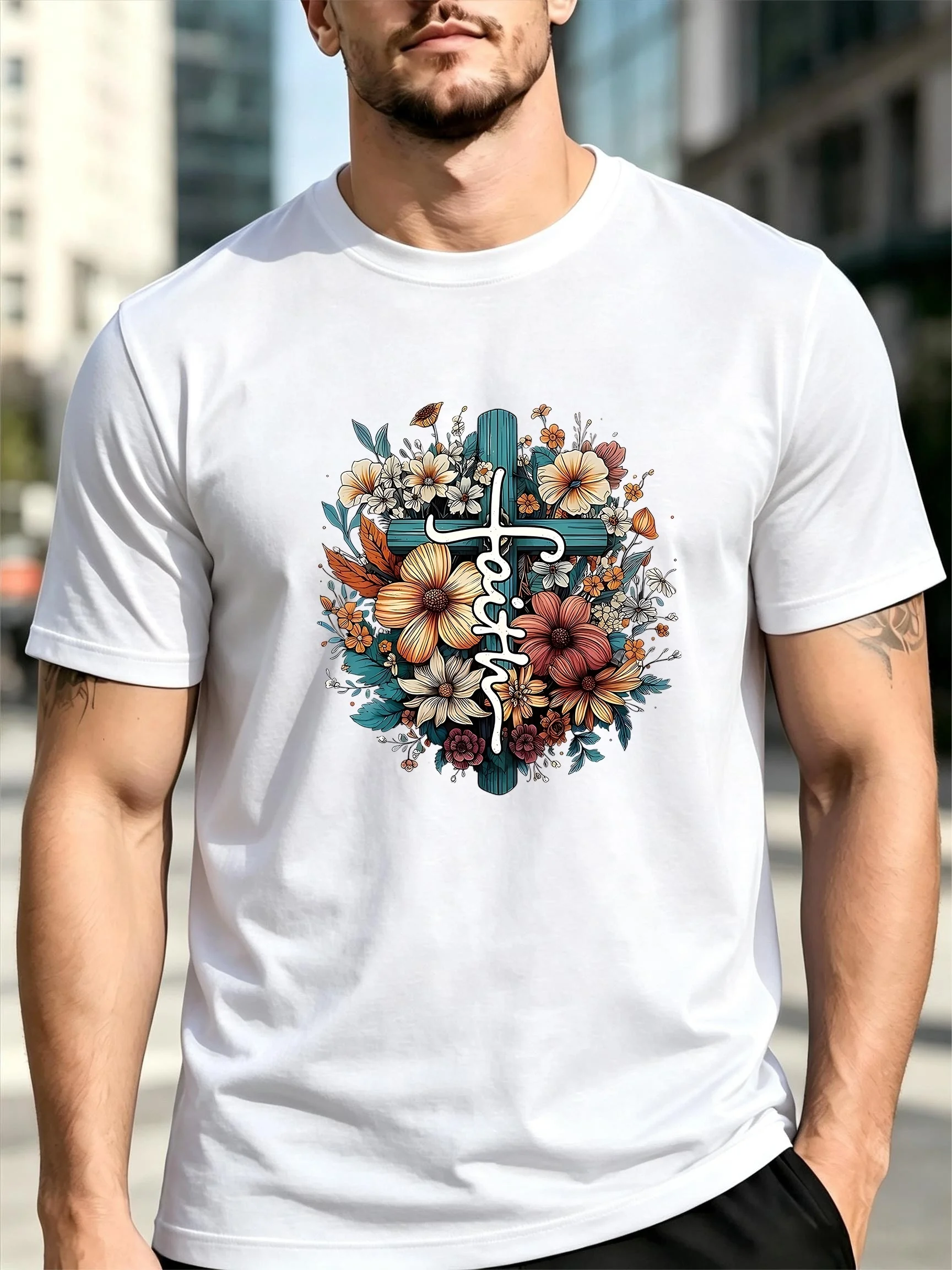 Men's Short-Sleeve T-Shirt, Black and White Floral Butterfly Surrounding a Cross, Faith Hand-Painted Print, Loose Fit, Large Size, Gentle and Healing for Believers, Summer Casual Round-Neck Top