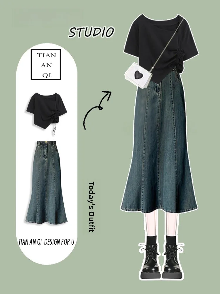 Été romantique Vintage ort Sve jupe en jean Dr femmes T-shirt deux pièces ensemble taille haute a-ligne Fi queue robe