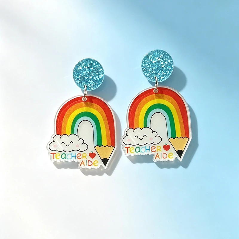 Teacher Appreciation Quote Acrylic Earrings Inspirational Text Rainbow Heart Dangle Earrings Back to School Women Gift Jewelry