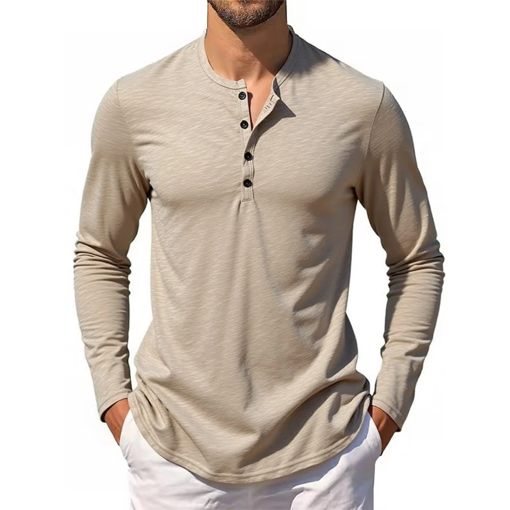 Herren Langarm T-Shirt Henley Kragen Baumwolle Slim Fit Tops Lässige einfarbige atmungsaktive Knopf-T-Shirts Männliches Cozt-T-Shirt