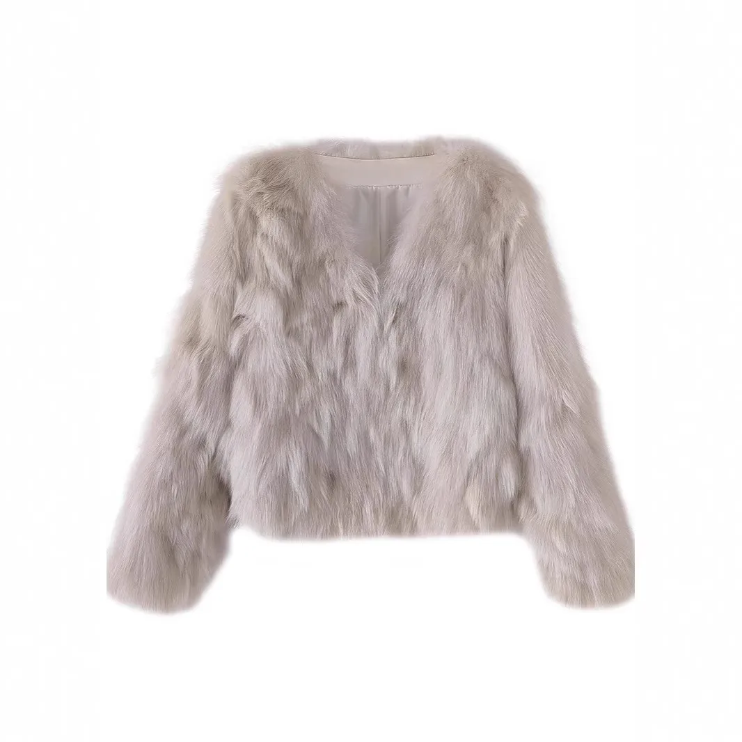 V Neck No Hood Coat Cropped Elegant Commuter with British Style Long Sleeve Sexy Short Length Patchwork Women Winter Jacket