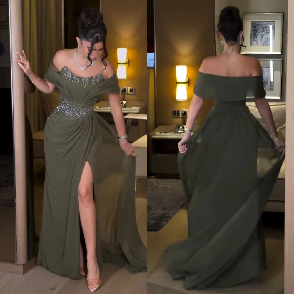 Vintage Green Prom Dresses Sexy Off The Shoulder Slit Mermaid Party Gowns Fashion Crystal Sequins Evening Dress Customized