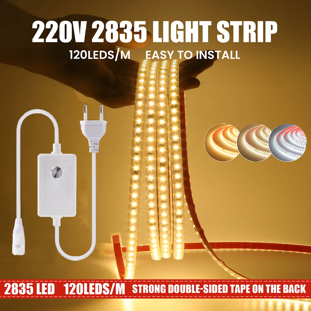 

5M 10M Dimmable LED Strip Light 220V EU UK Power Dimmer Kit Waterproof 2835 120LED/M High Bright Flex Tape Home Decor 0.5M 1M 2M