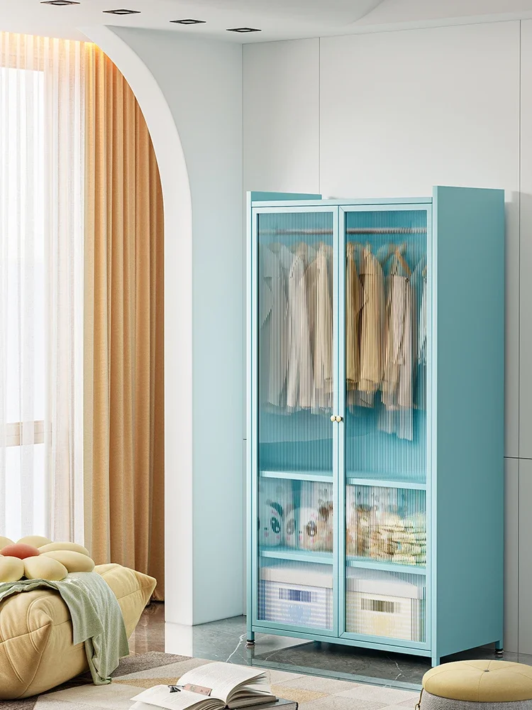 

Modern simple wardrobe bedroom steel wrought iron home rental room for children's storage simple metal iron wardrobe