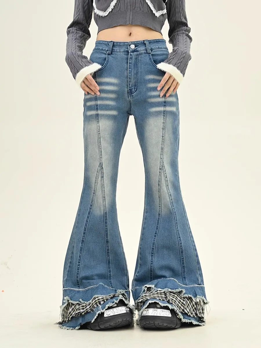 REDDACHiC Stitch Raw Edge Checkered Flare Jeans Women Y2k Kawaii Ruffle Hem Whiskers Bootcut Pants Do Old Vintage Bell Bottoms