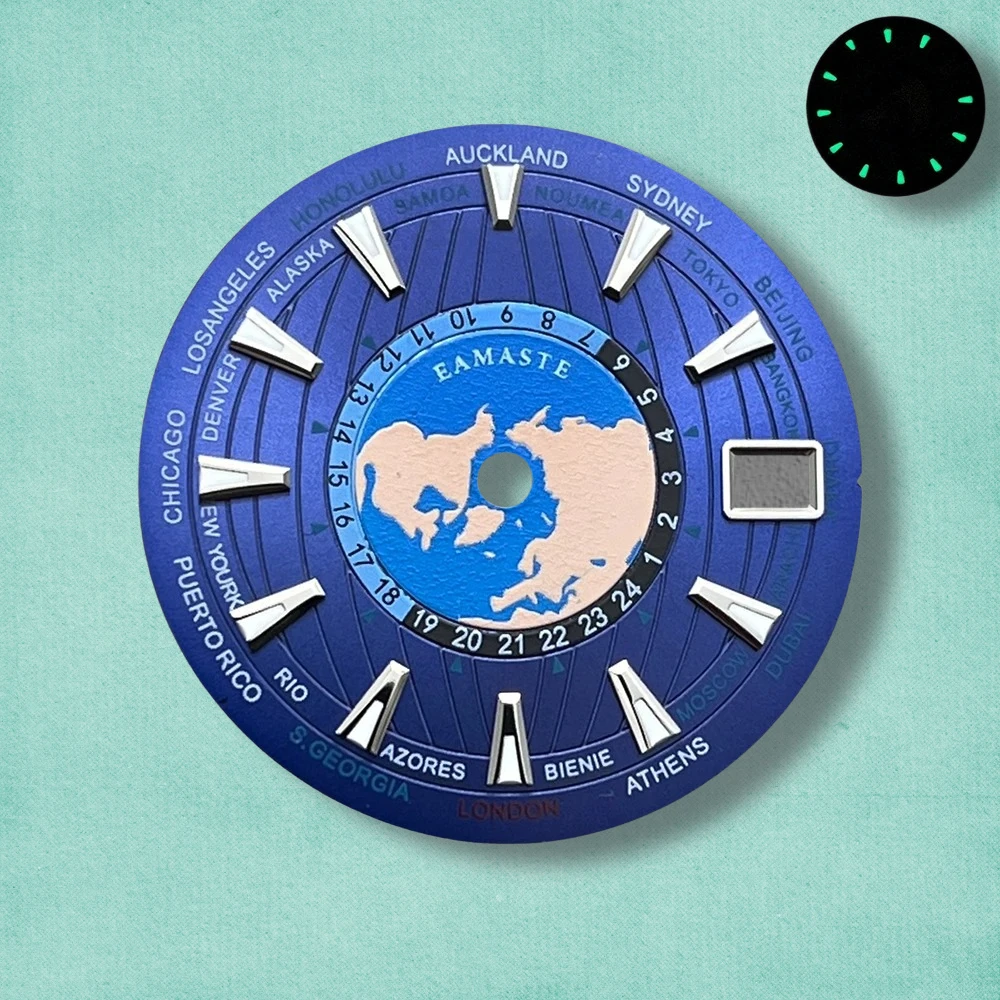 28.5mm S Logo World Map Dial Fit NH35/NH36/4R/7S Japanese Automatic Movement Green Luminous Watch Modification Accessories