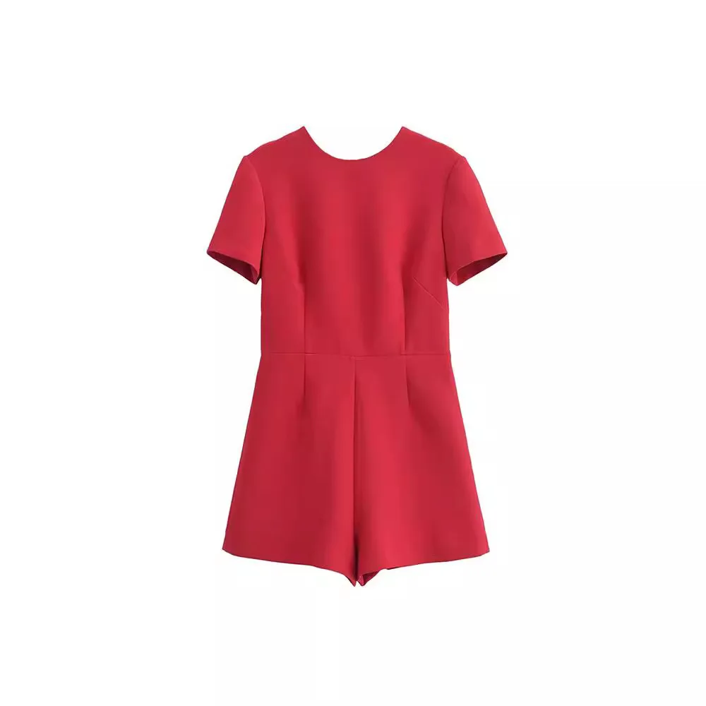 

Summer Fashion Women Chic Jumpsuits Red O-Neck Short Sleeves Back Hollow Out Bow Decorate Female High Street Rompers