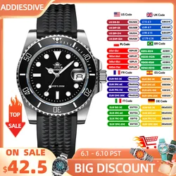 ADDIESDIVE Men's watch Luxury Quartz Wristwatch 316L Stainless Steel Ceramic Bezel Super Luminous Rubber Strap 200m Diving Watch
