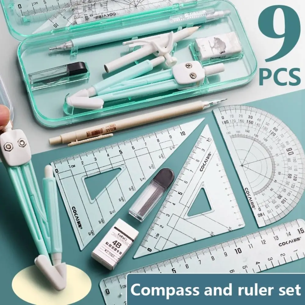 9PCS/Set Transparent Ruler Set Eraser Set Square Protractor Plastic Straight Ruler Pencil Compass Kit School Office