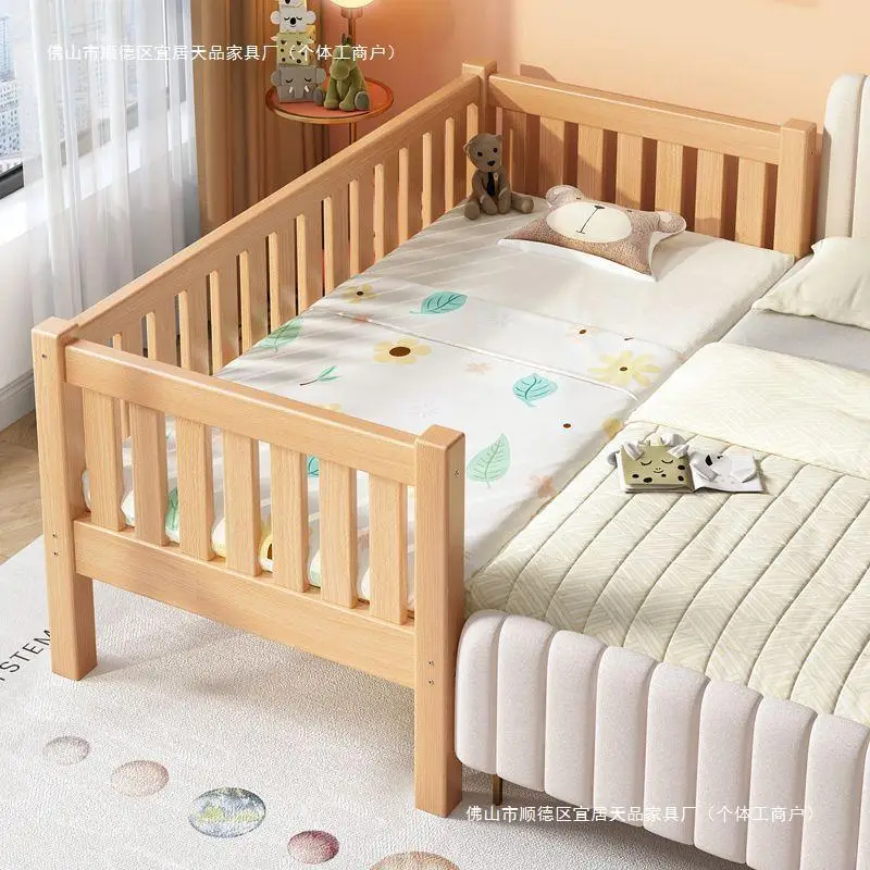 

New convenient boys and girls widened splicing queen beech single children's with guardrail bedside baby