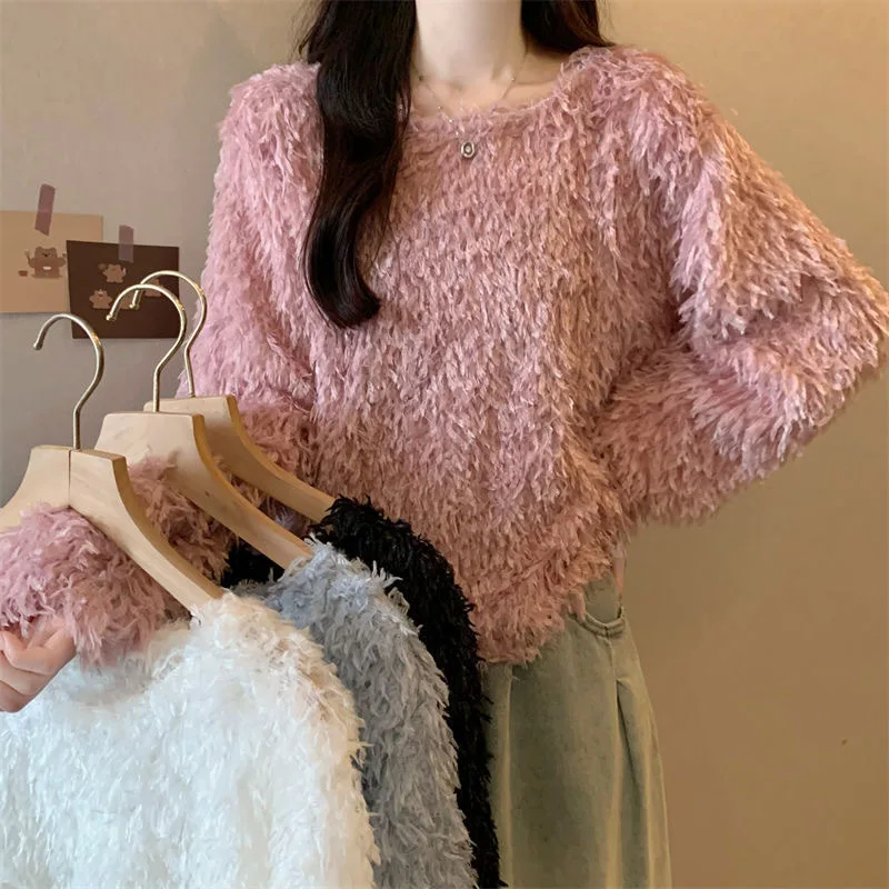 Pullover Pink Round Necked Long Sleeved Knitted Sweater Korean Autumn Sueters De Mujer Feathers Tops Jumper 2024 Sweet