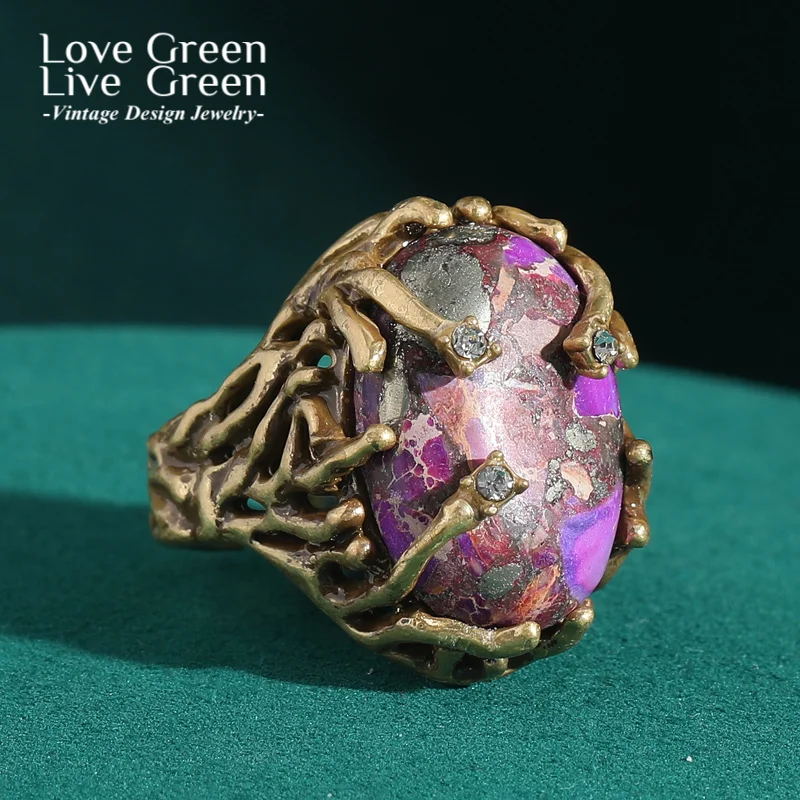 

Vintage Rings For Woman Purple Natural Stone Flower Antique Gold Color Branches Adjustable Accessories Luxury Brand Jewelry