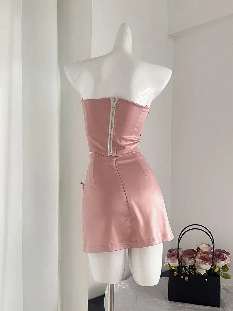 Formal Occasion Outfits 2 Piece Skirts Set Off Shoulder Pink Tank Top Sweet + Sexy High Waist  A-Line Skirts Coquette Party Prom