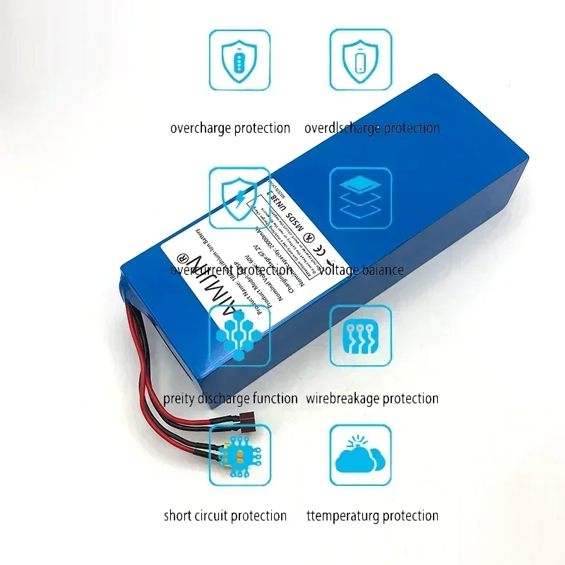 Pacote de bateria de íon-lítio 16S5P 60V 20AH de alta potência 2000W é adequado para motocicleta, scooter, bicicleta MotorSubstituir bateria T + plugue DC