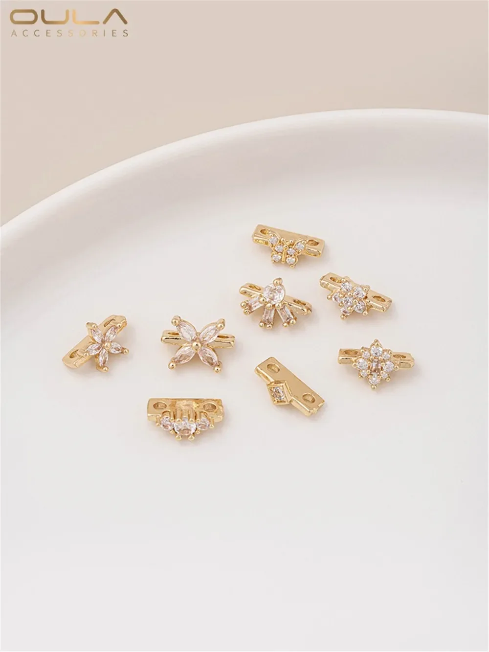 

14K Gold Zirconium Flower Butterfly Double Row Bracelet Pearl Spacer and Double Hole Spacer Material, Bracelet Accessories