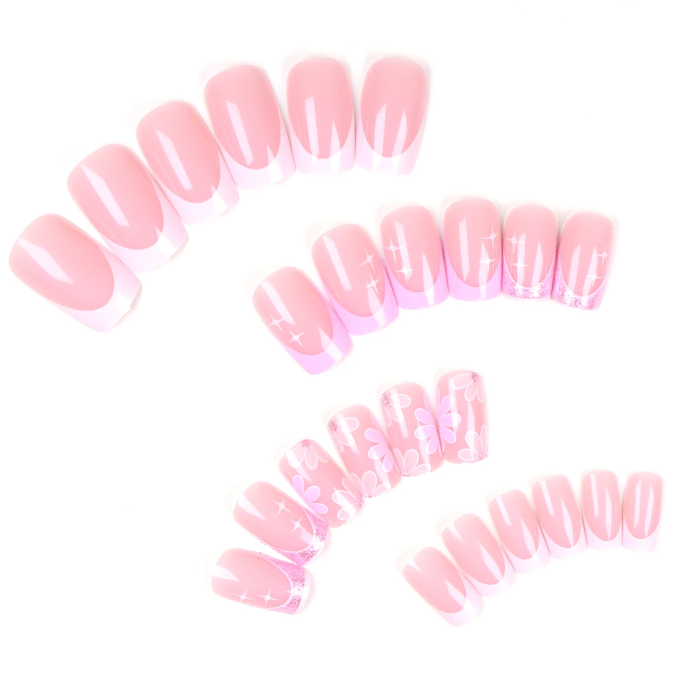 24 pezzi Migliora il tuo look con set di unghie finte progettate con fiori francesi rosa 1 lima per unghie e 1 kit di adesivi per colla per unghie