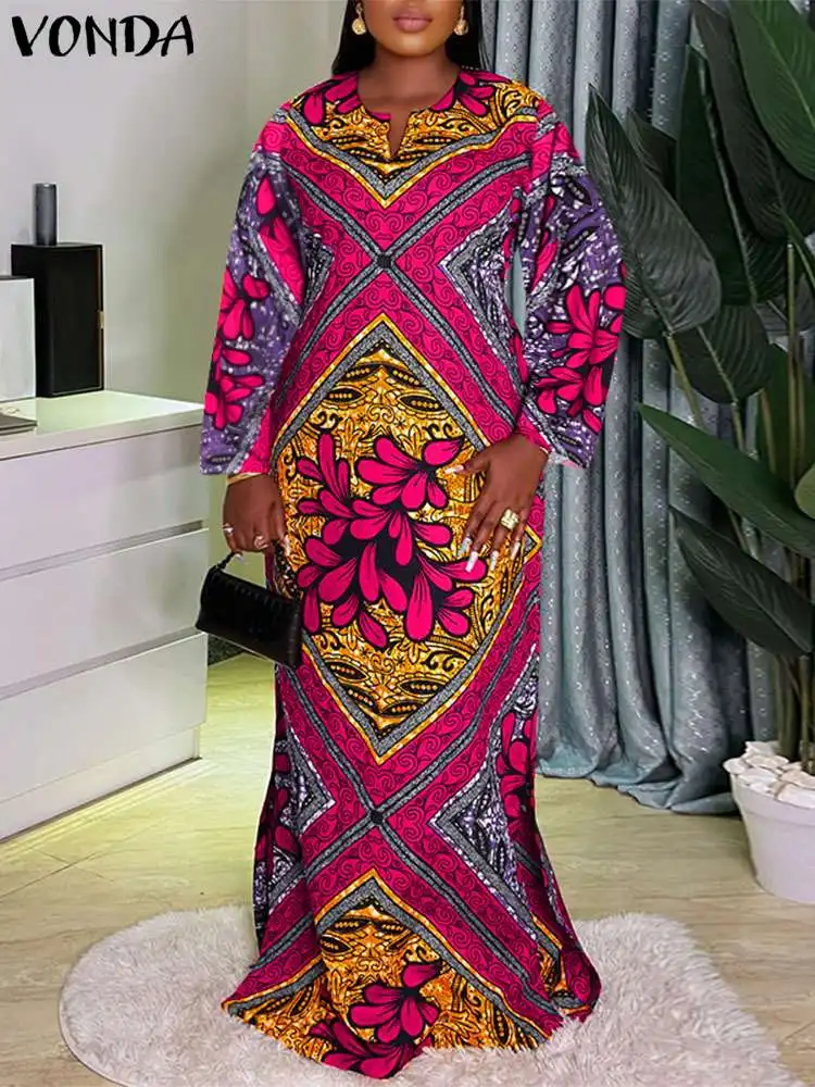 Plus Size VONDA Women Bohemian Maxi Dress Printed Long Sleeve Autumn Vestidos 2024 Fashion Loose Robe Casual V Neck Sundress