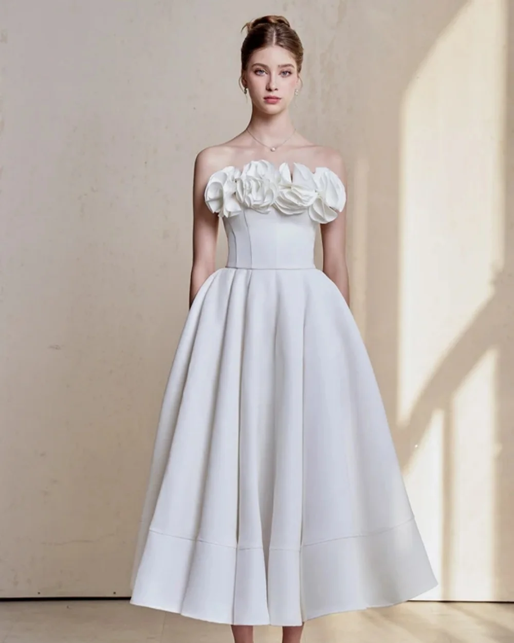 

Customized High Quality Elegant Handmade Flower Pleat A-line Strapless Ankle Length Dresses Bespoke Occasion Dresses Classic