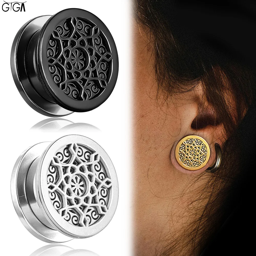 Giga 2 Stück runde Sonnenblumen-Ohrstecker, Tunnel-Expander aus Edelstahl zum Dehnen des Ohrläppchens, Körperschmuck, Vintage