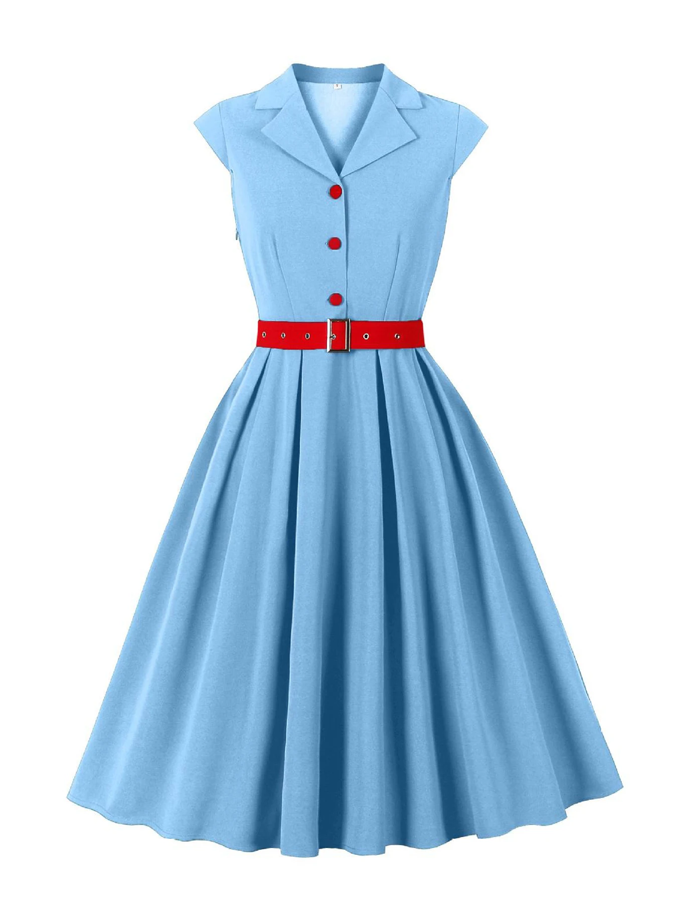 Tonval Notched Collar Cap Sleeve A-Line Summer Long Dress 2025 Women Plain Vintage Button-Up Peacock Blue Dresses with Red Belt - view 4