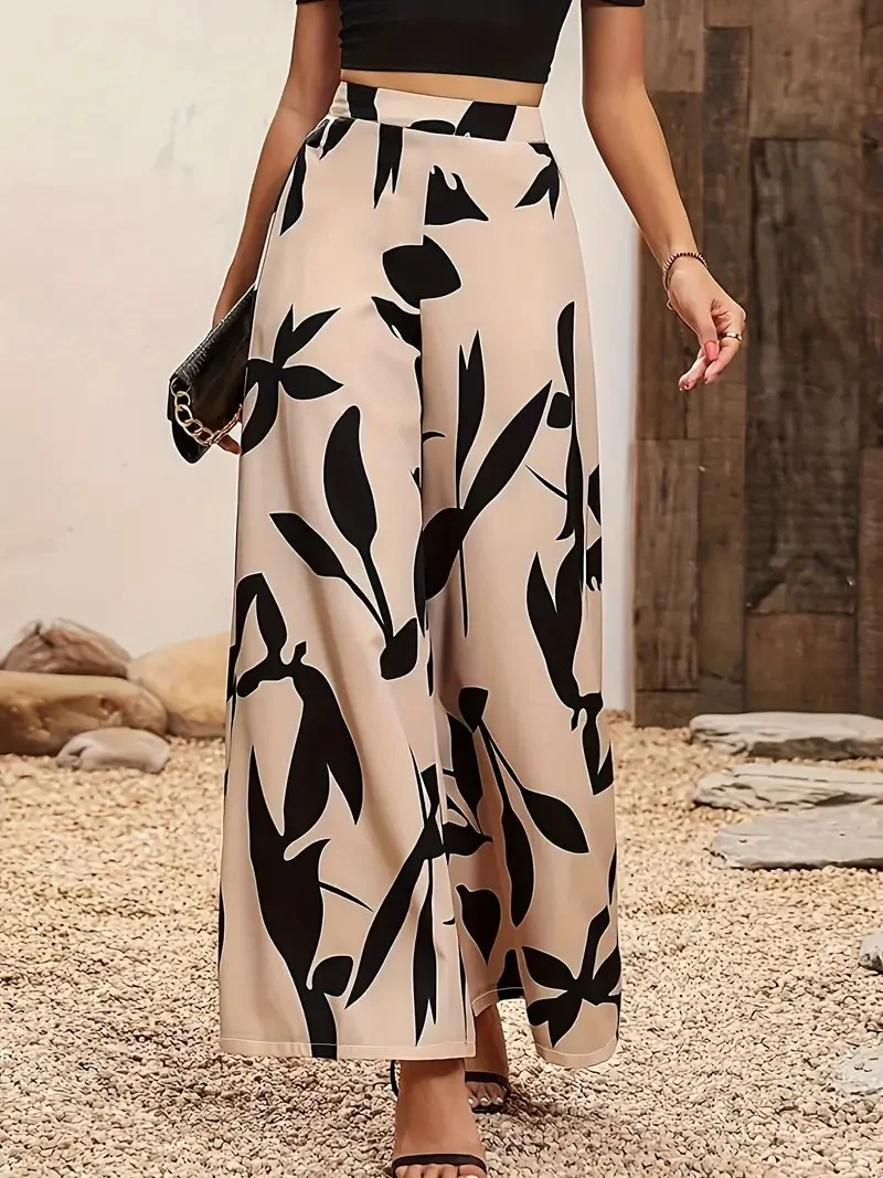 

Leaf Print Wide-Legged Casual Pants for Women New Fashionable Loose Fit Trousers