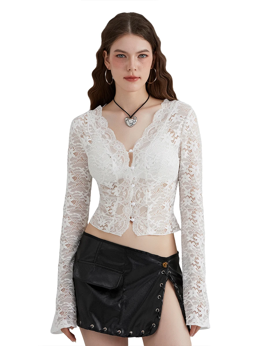 Women s Spring Summer Short Tops White Long Sleeve V Neck Sheer Lace Floral Blouse