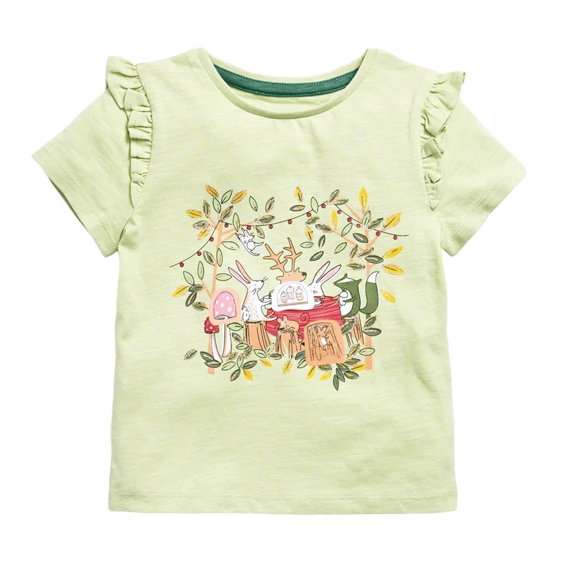 Little maven 2024 Baby Girls Pretty Green T-Shirt with Animals Cotton Lovely Tops Children Casual Clothes for Kids 2-7 year