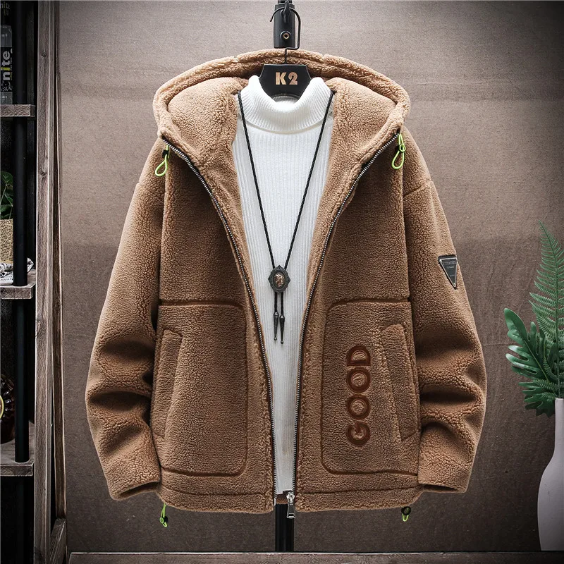 Men Lamb Wool Jacket Autumn Winter New Solid Color Thickened Windproof Warm Outdoor Travel Hooded Coat Men Loose padded Clothing