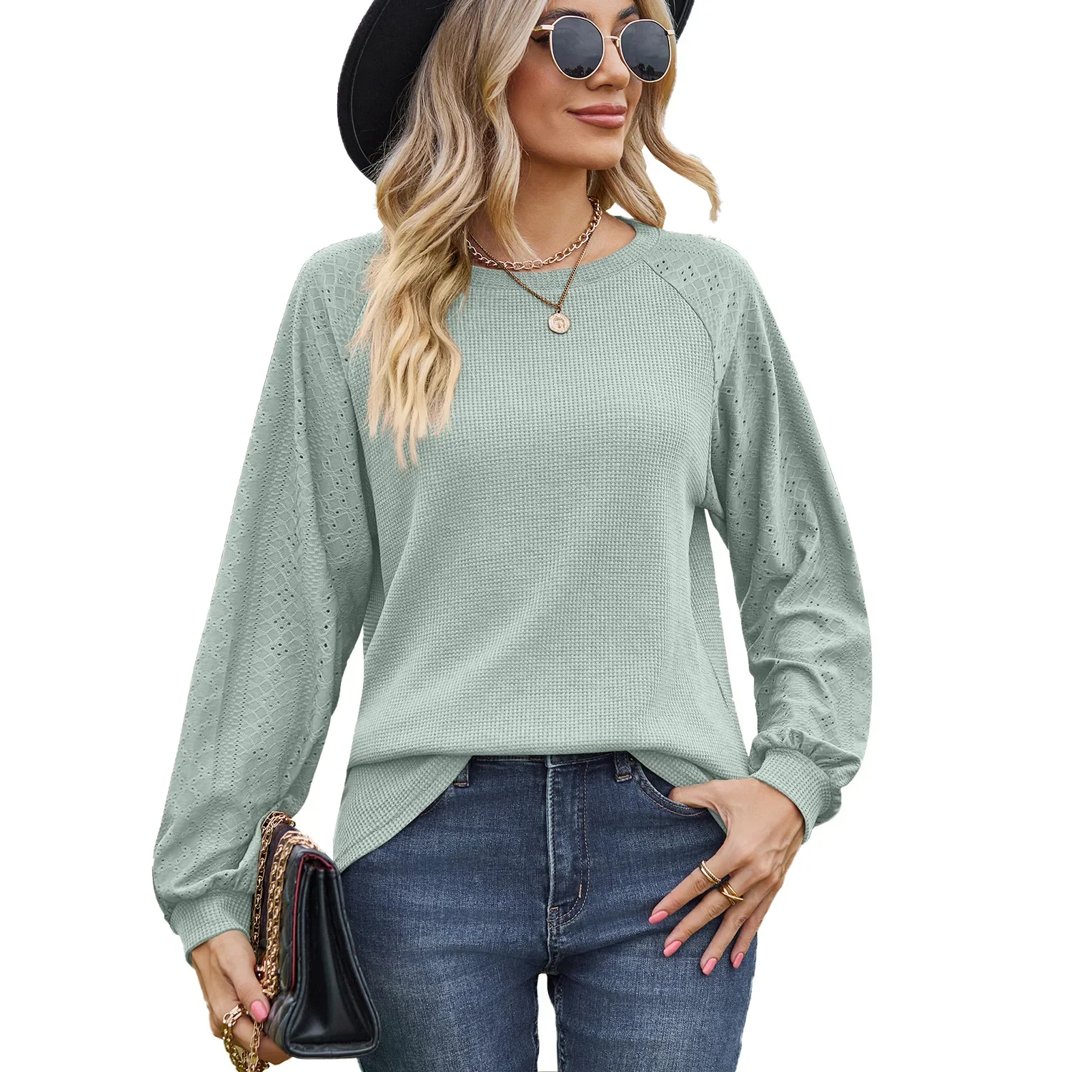 Women Cuff Long Sleeve Loose T-shirt Tops for Spring Autumn Round Neck Solid