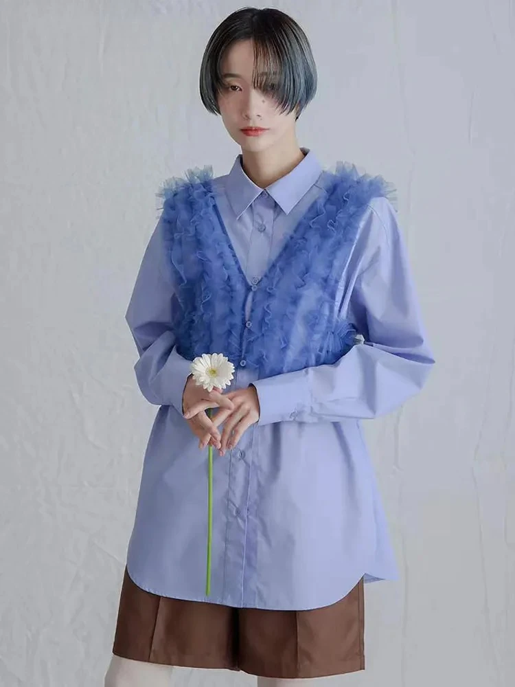

Japanese Sweet Casual Style Tulle Short Vest + Loose Long-sleeved Shirt Top Spring Autumn Versatile Casual Women's Suit