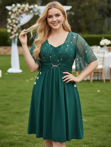 Imagen 2 del producto ROSEGAL, vestido de talla grande con estampado de estrellas y hebilla, bolsillos con botones, mangas de mariposa fruncidas, vestidos informales con cuello cuadrado azul profundo para mujer