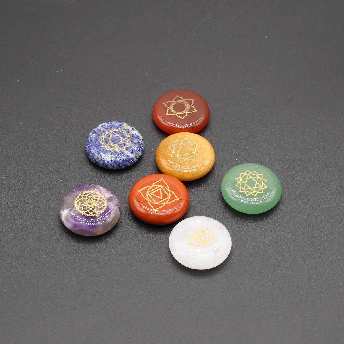 7Pcs Natural Stone Reiki Balancing Round Crystal Healing Wicca Rune Set Polished Engraved Palm Chakra Pocket Stones