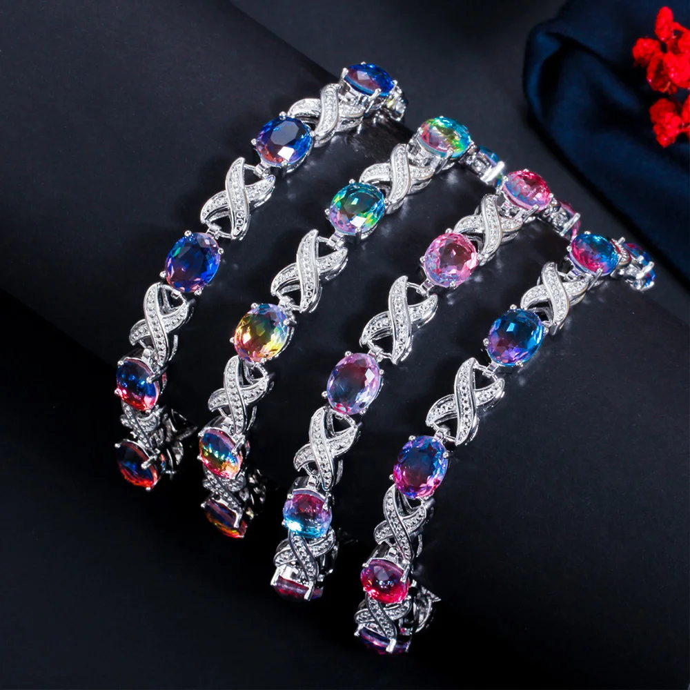 BeaQueen Fashion Elegant Mystic Rainbow Oval CZ Zircon Infinity Symbol Bracelet for Women Anniversary Jewelry Festive Gift B163