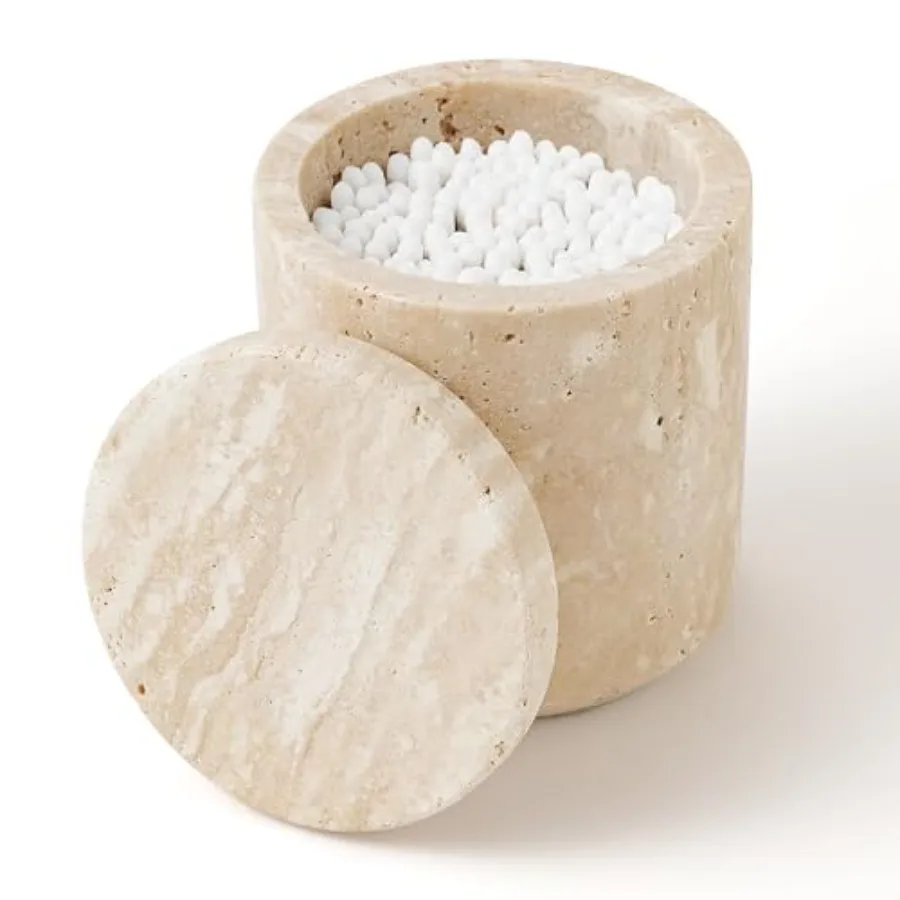 

Travertine Qtip Holder Dispenser with Lid for Cotton Swabs, Balls, Pads, Floss Picks Large Capacity Marble Apothecary Jar for B