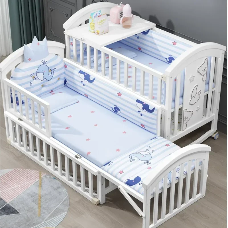 Babybedje Multifunctioneel BB-babybed Massief hout Ongeverfd schommelbed voor pasgeborenen, beweegbaar gesplitst groot kinderbed