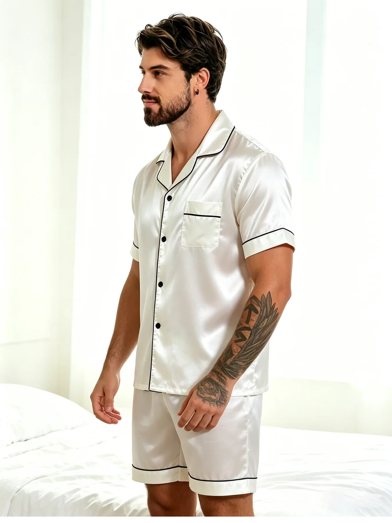 Men's Satin Pajama Set Short Sleeve Button-Down Top & Shorts Luxury Silky Sleepwear Loungewear for Summer Comfort Nightwear