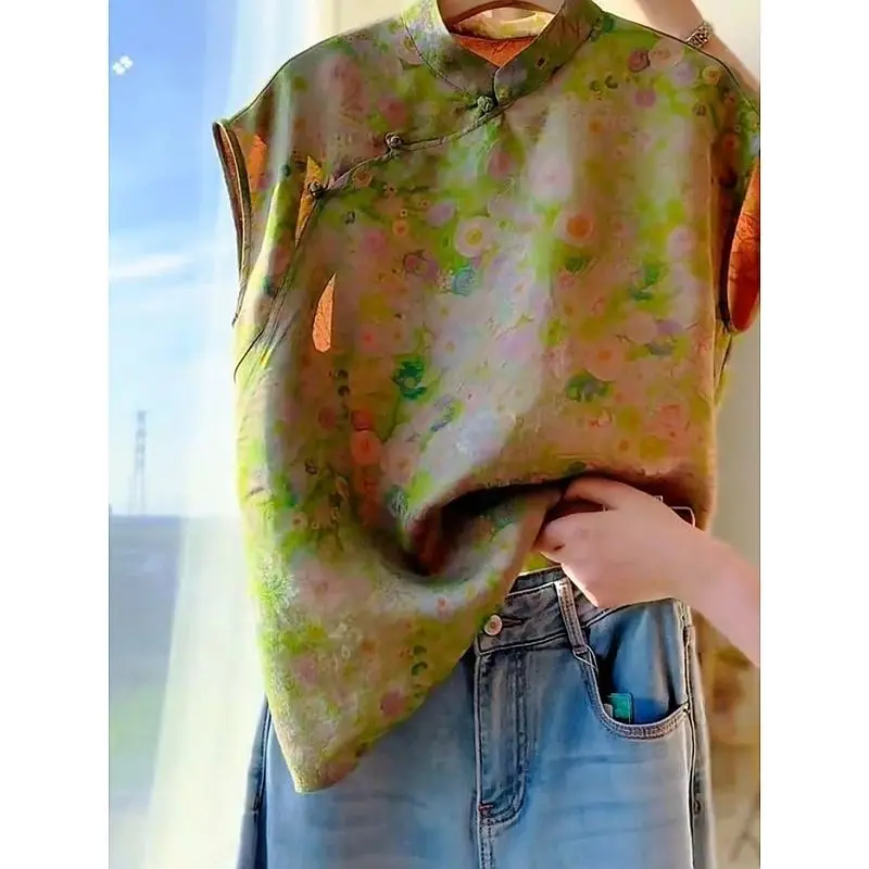 

Floral Printed Satin Silk Blouses Women Long Sleeve Loose Tops Vintage Chinese Style Cheongsam Top Oversized