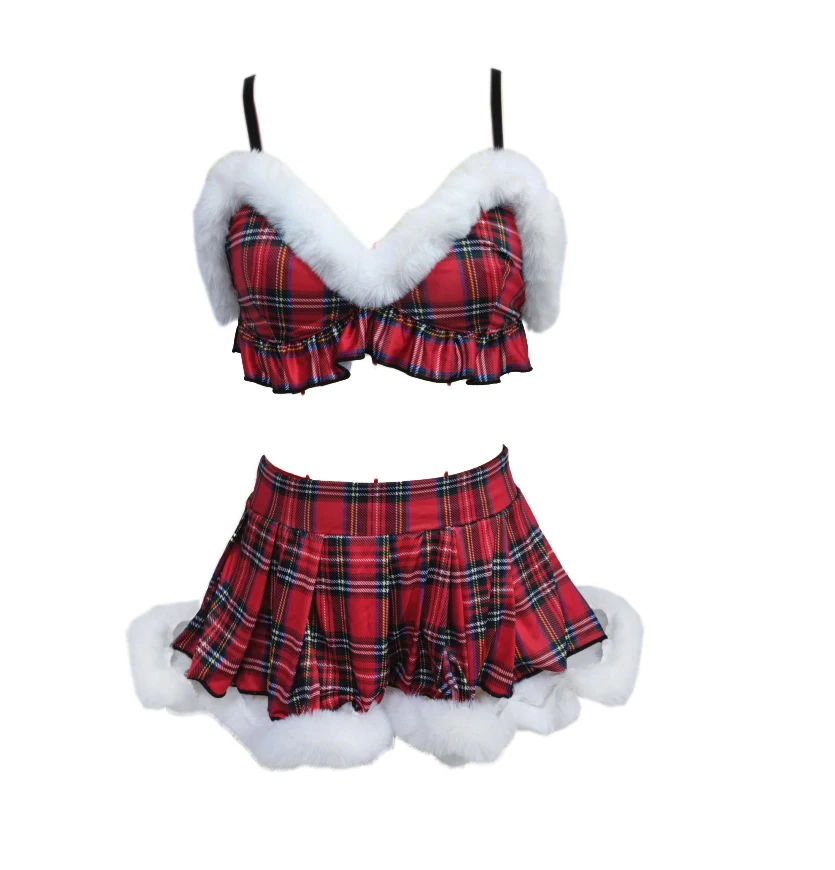 مجموعة الملابس الداخلية النسائية لعيد الميلاد منقوشة بحواف فروي وحمالة صدر وتنورة بيبي دول المشاغب مكونة من قطعتين