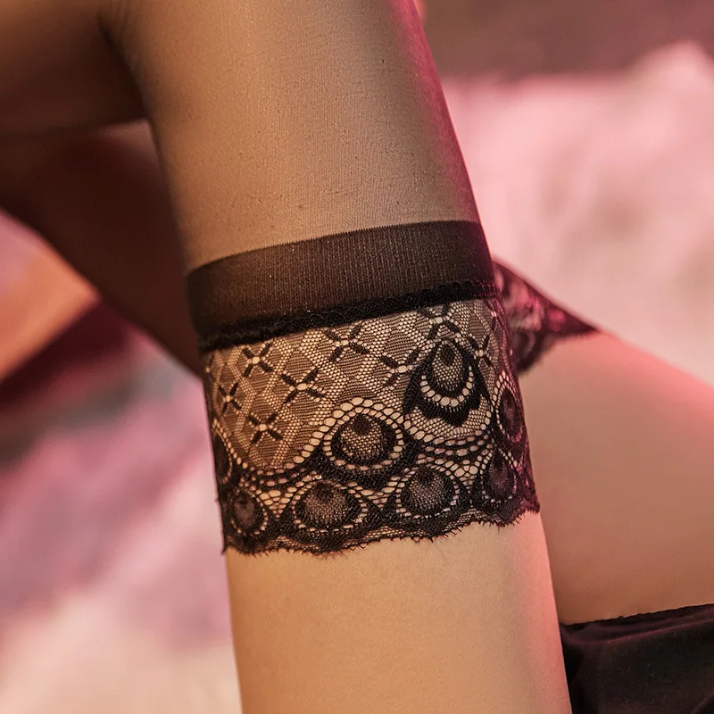 12D Oil Shiny Silky Transparent Over Knee Long Stockings Women Sexy Lace Top Silicone Hold Up Thigh High Stockings