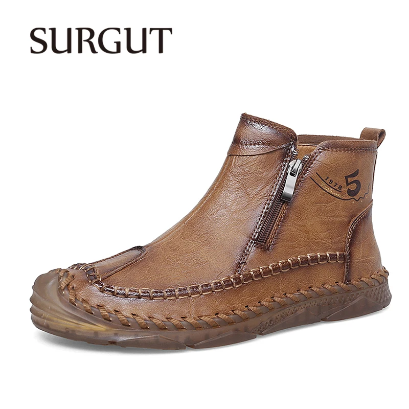 SURGUT Autumn Spring Men's Ankle Boots Microfiber Leather Breathable Insole Vintage Work Style Plus Size 38-47