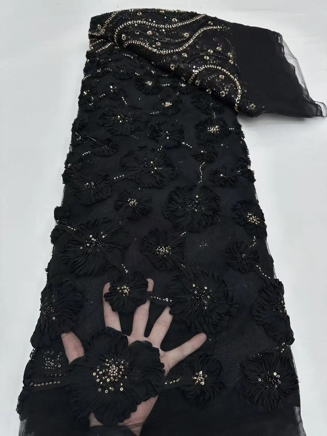 Sky Blue Elegant African Heavy Beaded Lace Fabric Sequin French Net Mesh Laces Fabrics for Sewing Wedding Dresses 5 Yards H178-1