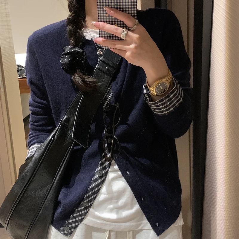 Cardigan coréen deux fausses pièces pour femme, Plaid, mélange de couleurs, tricoté, simple boutonnage, col rond, manteaux pour dame, printemps automne