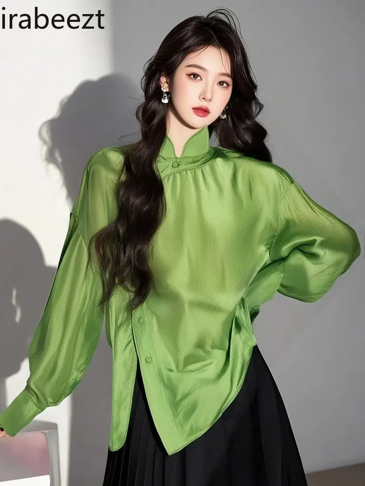

New Chinese Style Green Stand Collar Blouse Women's Elegant Luxury Casual Youthful Trendy Fashion Slim Fit Spring Summer Top
