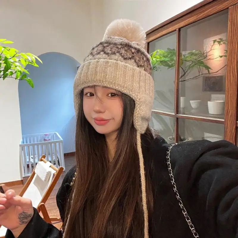 عادل جزيرة نمط الرجعية الجاكار محبوك بيني قبعة للنساء الخريف الشتاء الدافئة تنوعا لطيف بوم بوم حماية الأذن قبعة #5